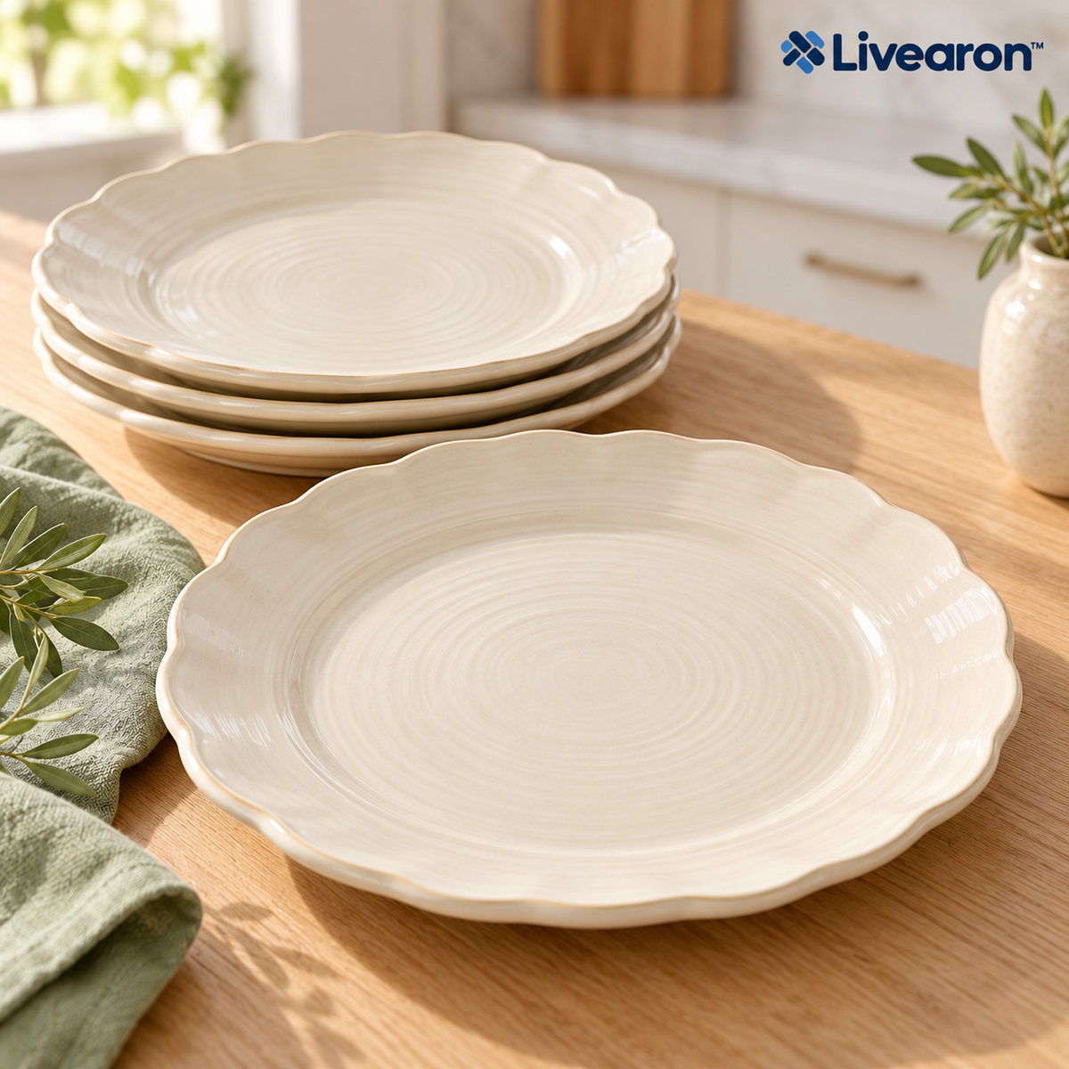 Livearon™ Cream Scalloped Dinner Plate Set