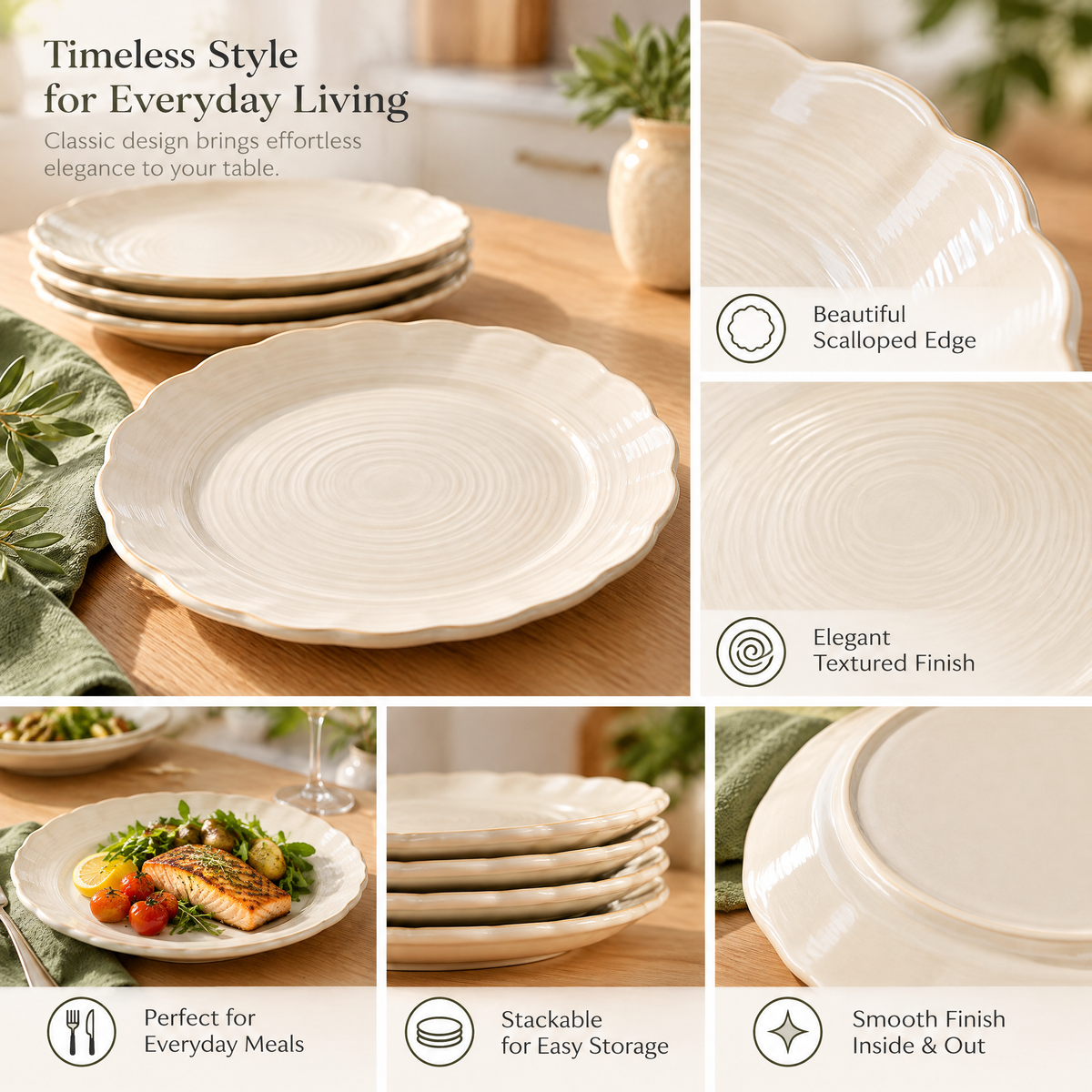 Livearon™ Cream Scalloped Dinner Plate Set