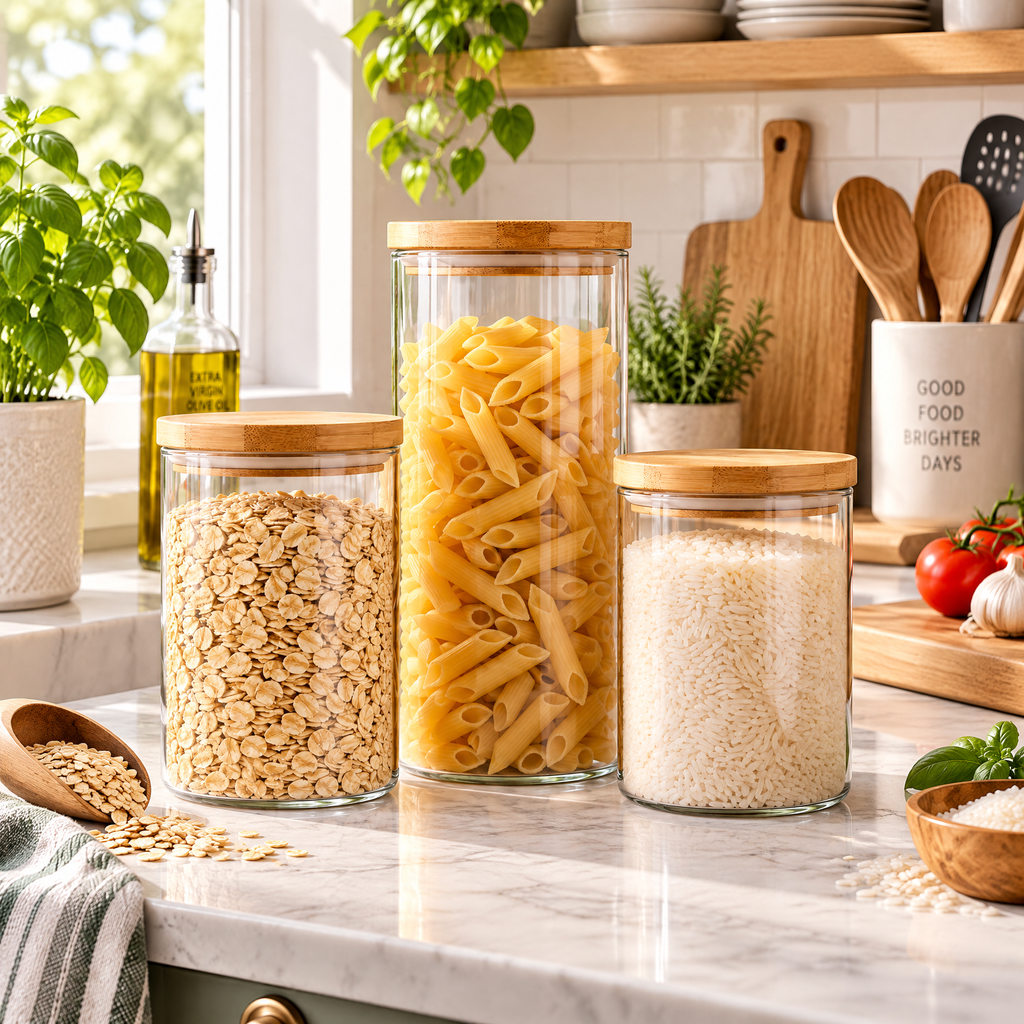 Livearon™ Wood-Lid Glass Storage Jar Set