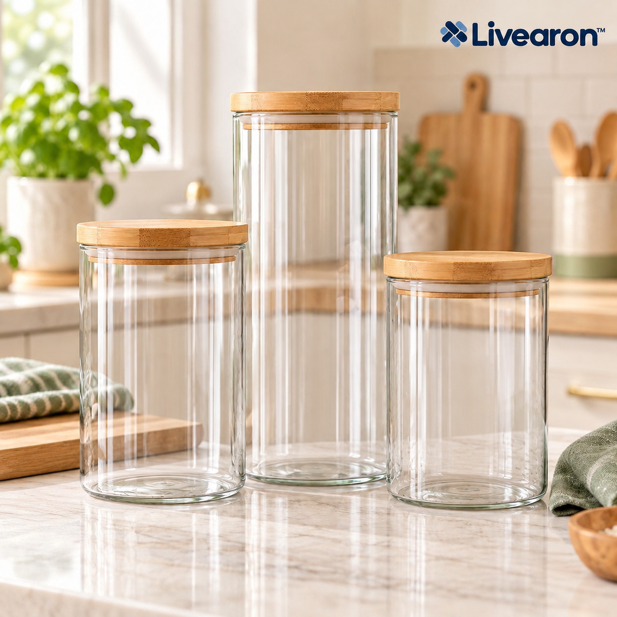 Livearon™ Wood-Lid Glass Storage Jar Set