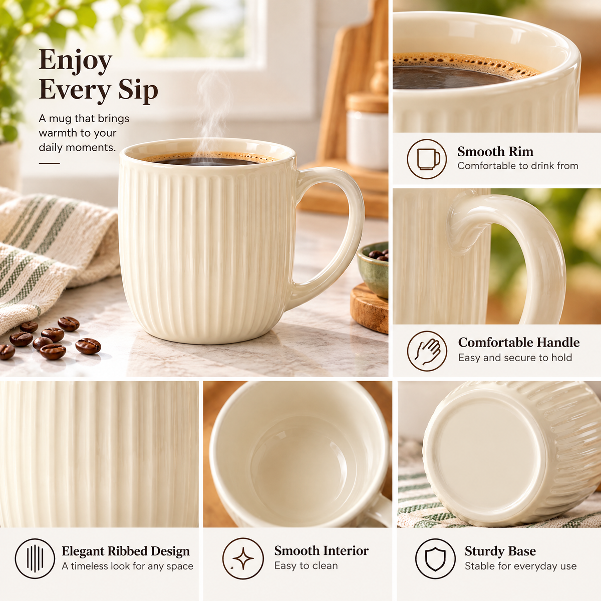 Livearon™ Cream Ribbed Coffee Mug